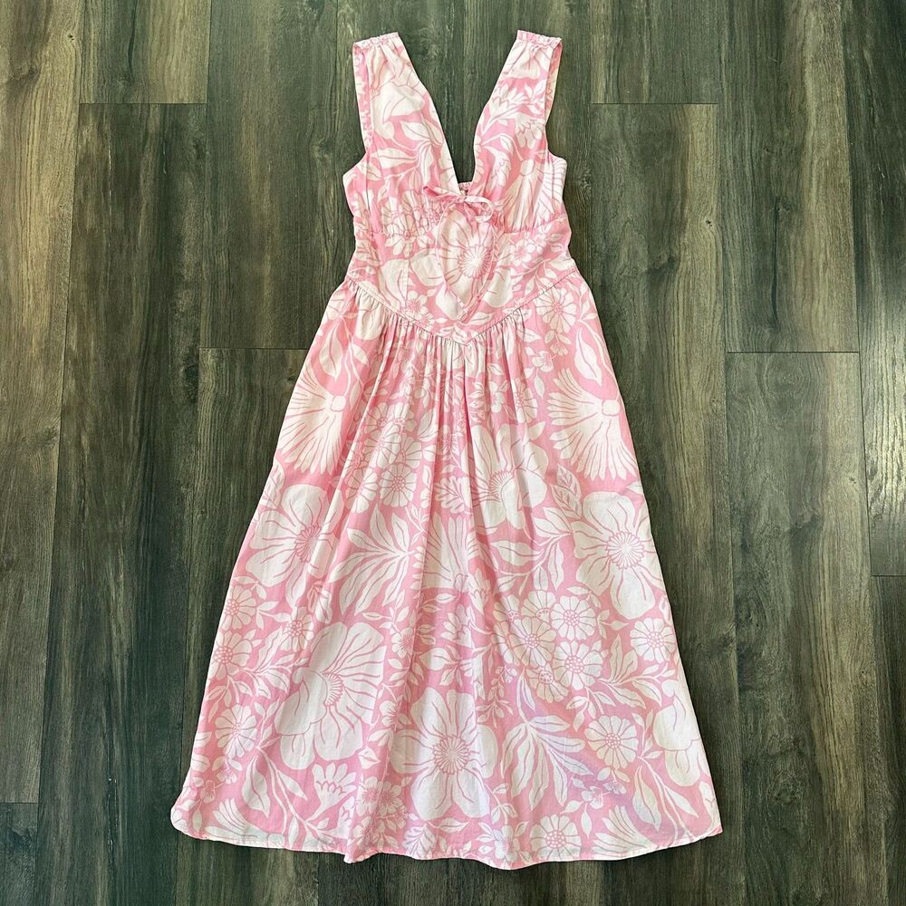 Band of the Free Retro Floral Pink Maxi Dress Cotton Sleeveless V-Neck Sz Small